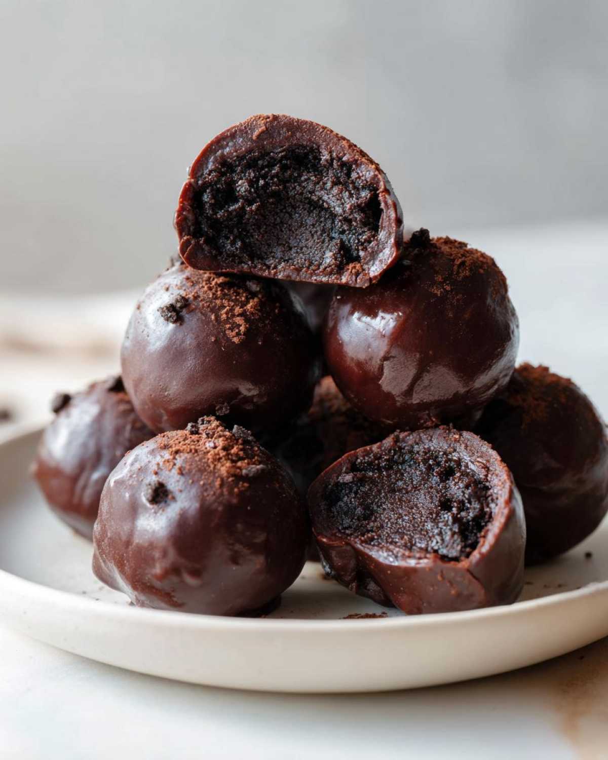 A stack of decadent, chocolate-coated oreo balls, with one cut in half showing the dark, dense center.
