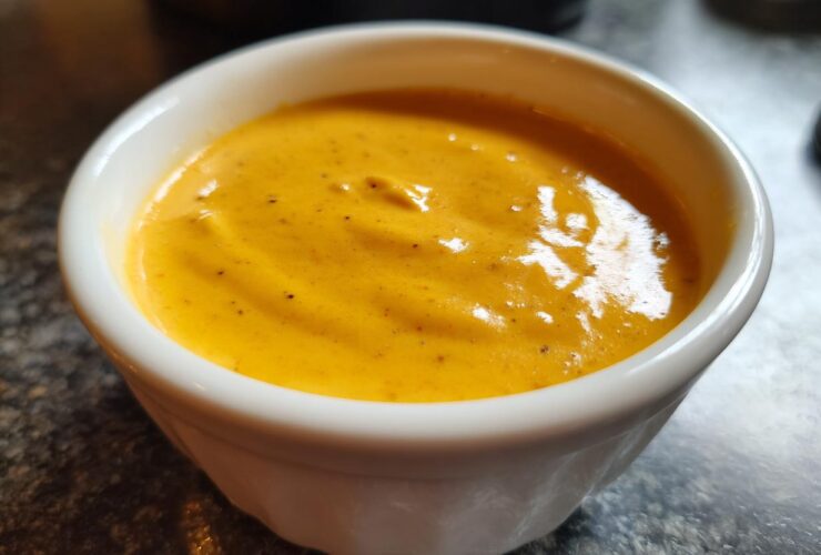 Close-up of smooth, vibrant orange beer cheese dip served in a small white ramekin.
