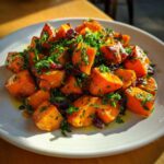 Close-up of roasted, cubed sweet potato salad mixed with dried cranberries and fresh parsley.