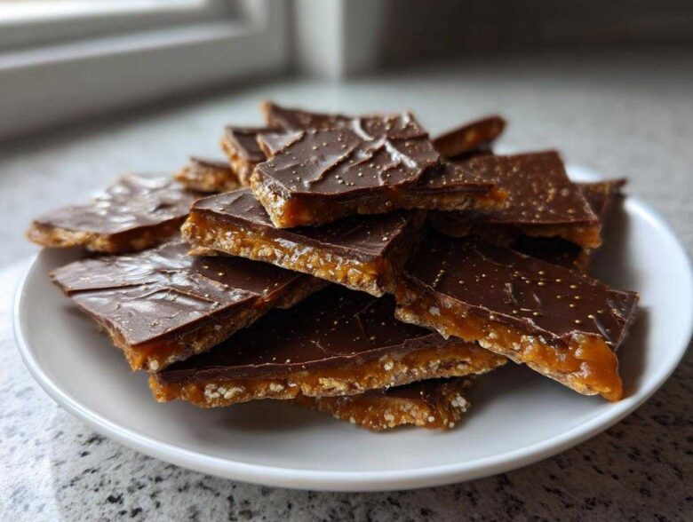A pile of broken pieces of saltine cracker toffee with a thick layer of caramel and chocolate topping, sprinkled with gold dust.