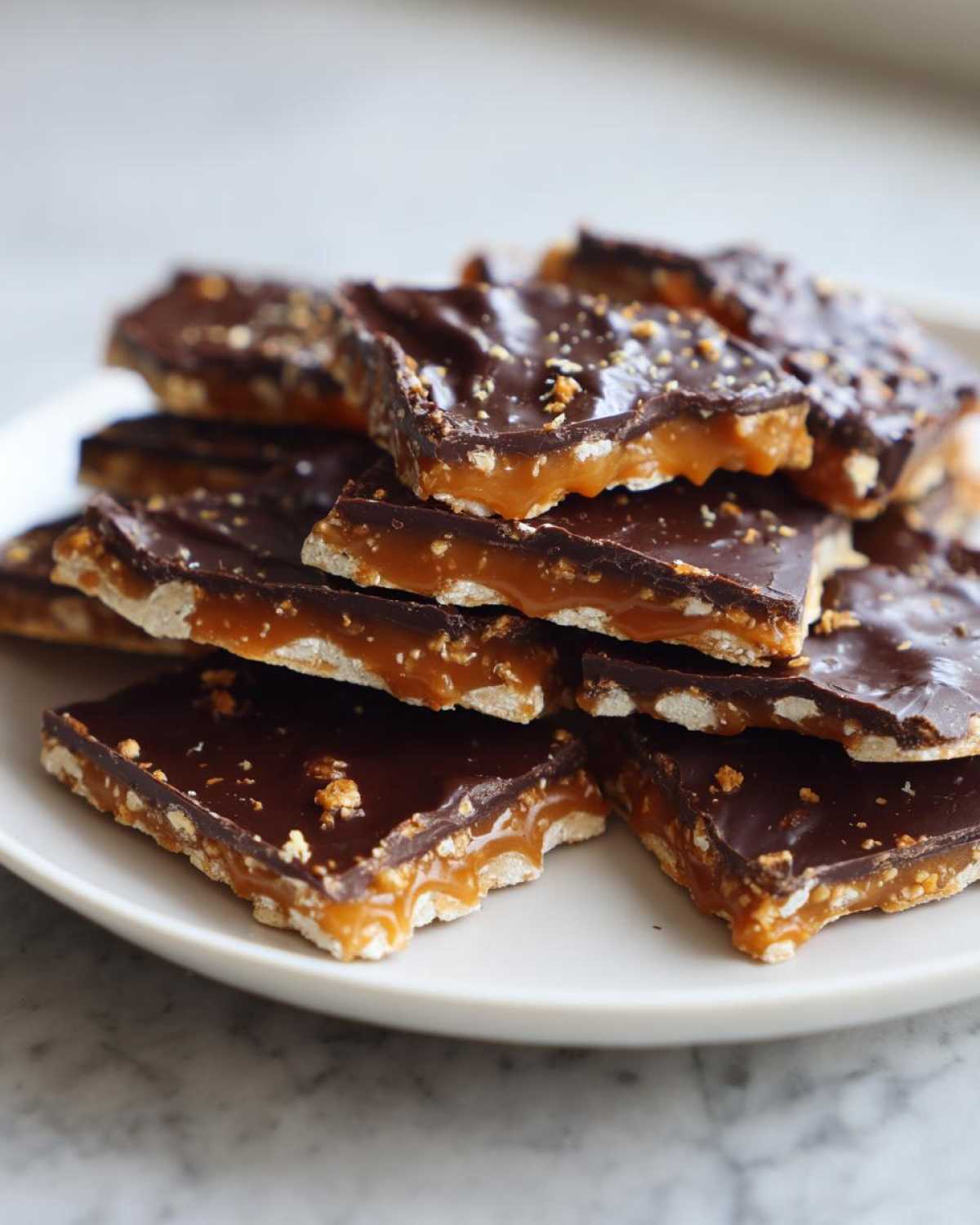 A stack of homemade saltine cracker toffee squares featuring a thick caramel layer and dark chocolate topping.