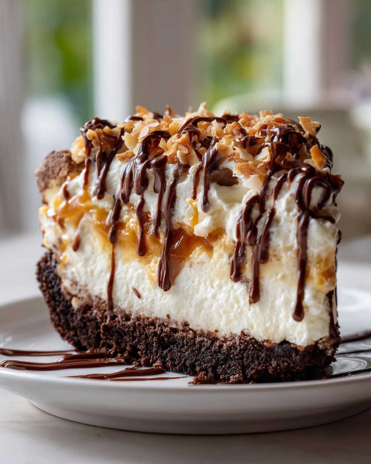 A tall slice of Samoa Cheesecake featuring a dark crust, creamy filling, caramel, and chocolate drizzle.