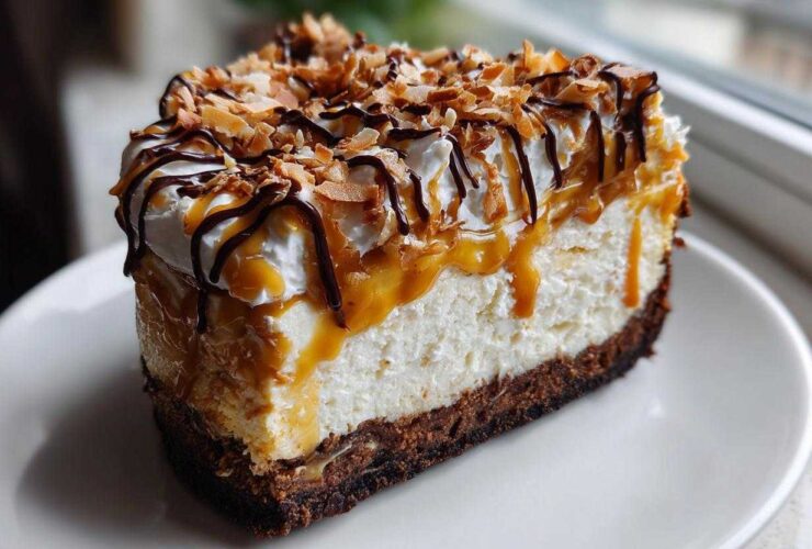 A tall slice of rich Samoa Cheesecake featuring a dark crust, creamy filling, caramel drizzle, whipped cream, and toasted coconut.