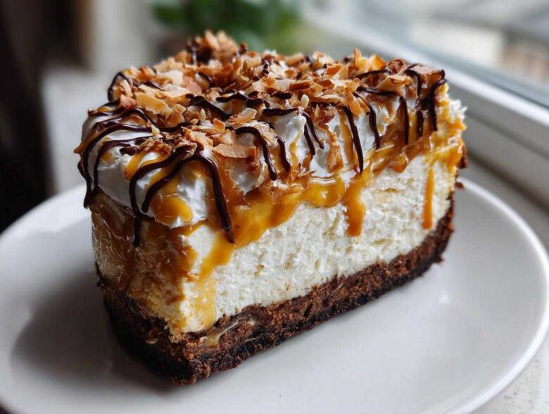 A tall slice of rich Samoa Cheesecake featuring a dark crust, creamy filling, caramel drizzle, whipped cream, and toasted coconut.