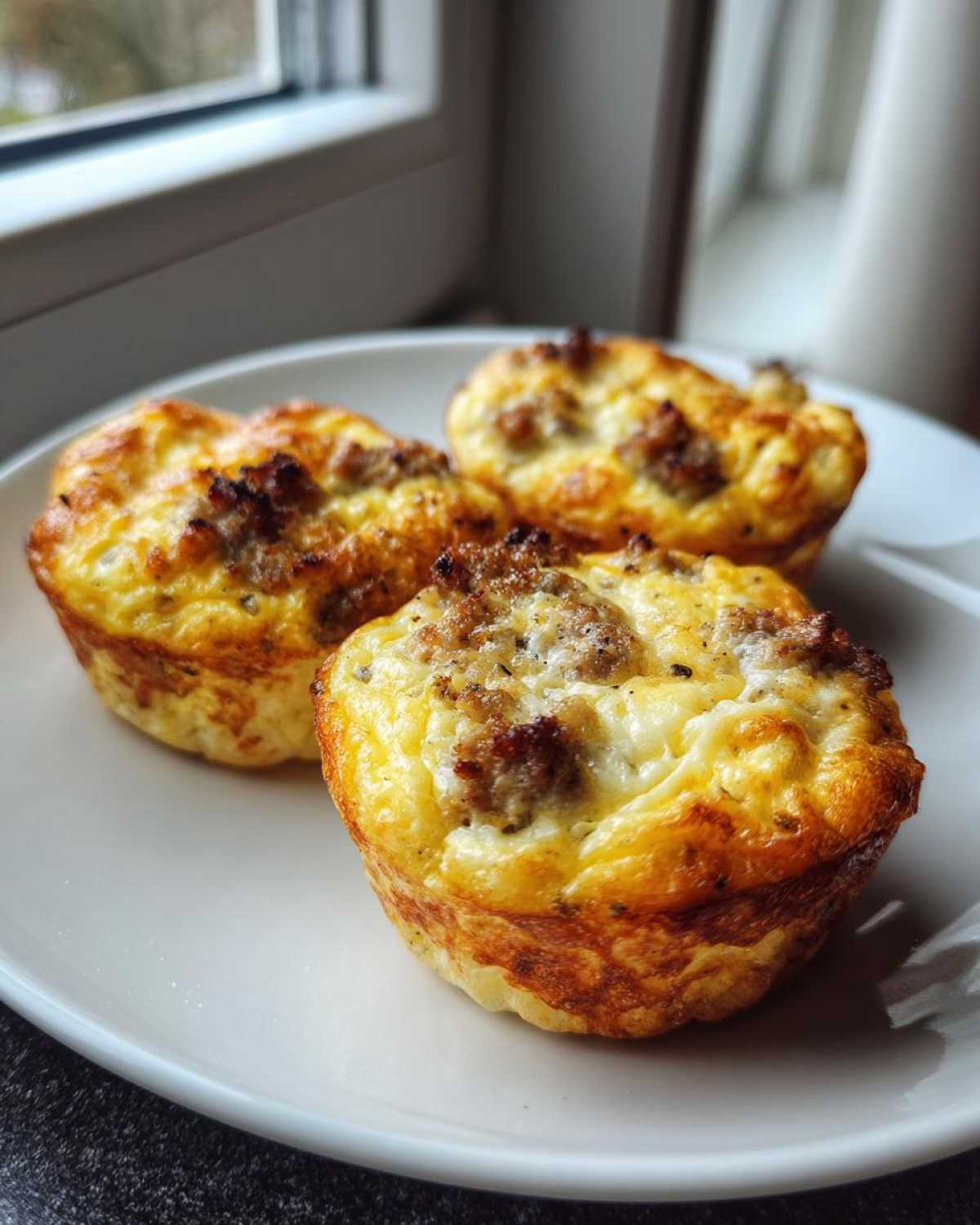 Three freshly baked sausage egg muffin cups sitting on a white plate near a window.