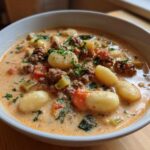 A close-up of a white bowl filled with creamy sausage gnocchi soup, featuring plump gnocchi, ground sausage, and herbs.