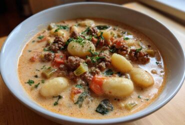 A close-up of a white bowl filled with creamy sausage gnocchi soup, featuring plump gnocchi, ground sausage, and herbs.