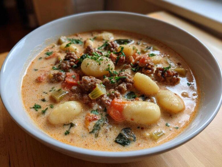 A close-up of a white bowl filled with creamy sausage gnocchi soup, featuring plump gnocchi, ground sausage, and herbs.