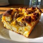 A close-up slice of savory christmas breakfast casserole showing browned cheese and sausage baked into bread.