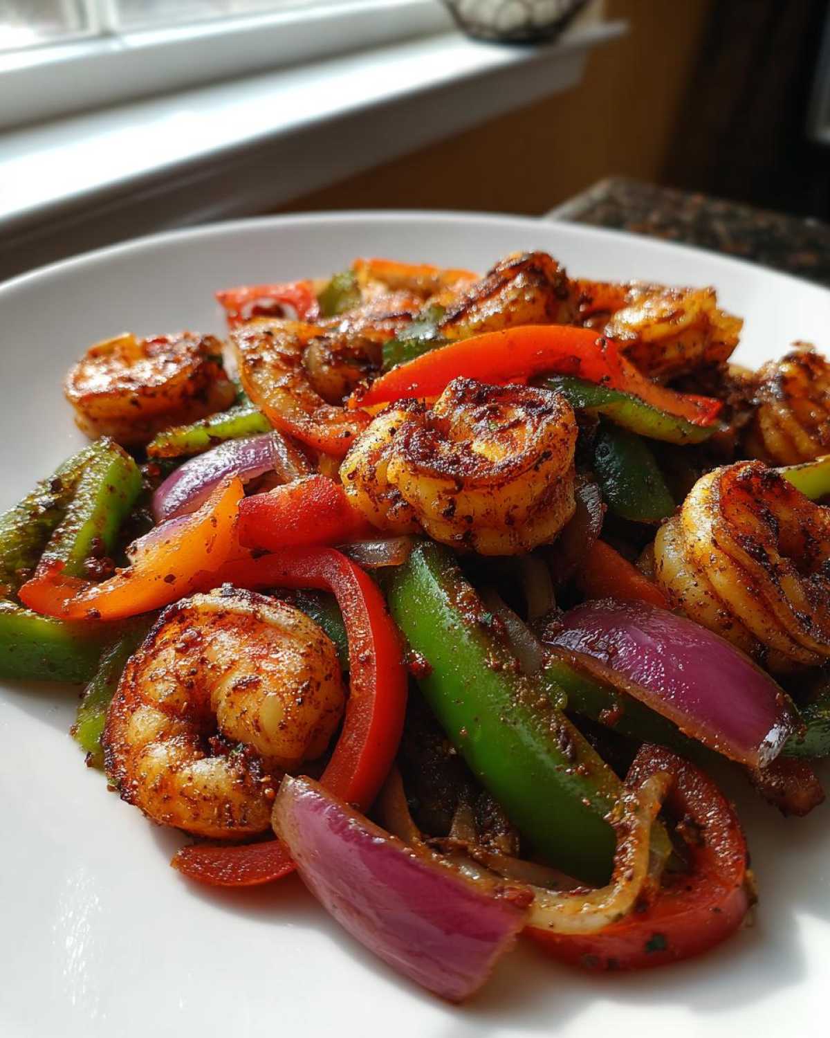 Close-up of perfectly cooked, seasoned shrimp fajitas with sliced red, green peppers, and red onion on a white plate.