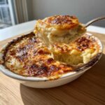 A spoonful of creamy, cheesy scalloped potatoes being lifted from a white baking dish with a golden-brown crust.