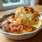 A spoonful of creamy, cheesy scalloped potatoes being lifted from a white baking dish.