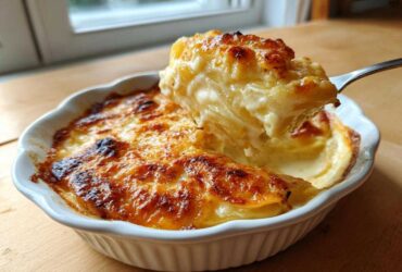 A spoonful of creamy, cheesy scalloped potatoes being lifted from a white baking dish.
