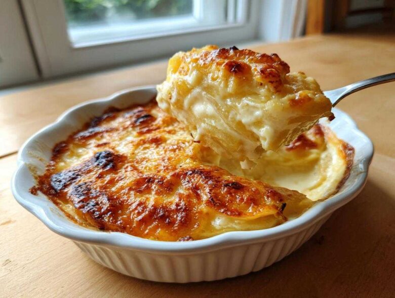 A spoonful of creamy, cheesy scalloped potatoes being lifted from a white baking dish.