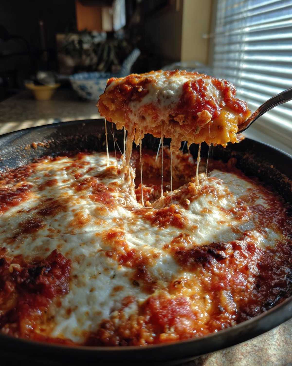 A spoonful of hot lazy lasagna is lifted from the pan, showing a dramatic cheese pull over the baked tomato sauce.