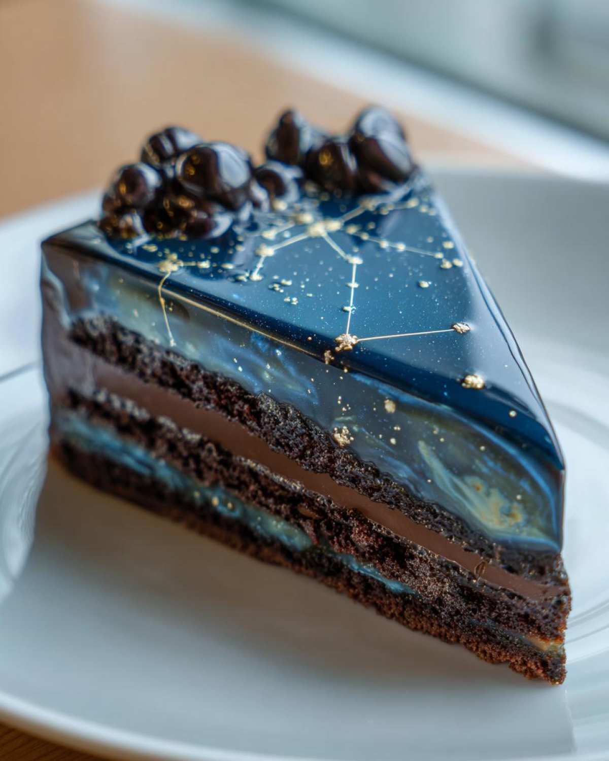 A slice of dark chocolate layer cake featuring a glossy, dark blue mirror glaze resembling a galaxy, decorated like a Capricorn cake.