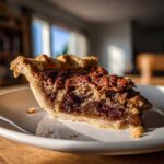 A close-up, appetizing slice of chocolate pecan pie showing the gooey filling and crust, bathed in sunlight.