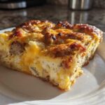 A close-up of a golden-brown slice of savory christmas breakfast casserole featuring eggs, sausage, and melted cheese.