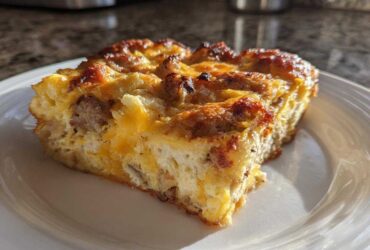 A close-up of a golden-brown slice of savory christmas breakfast casserole featuring eggs, sausage, and melted cheese.