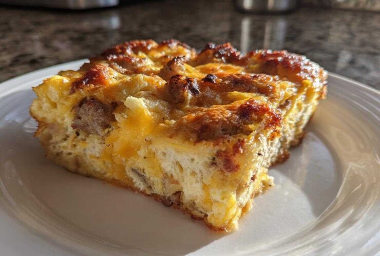 A close-up of a golden-brown slice of savory christmas breakfast casserole featuring eggs, sausage, and melted cheese.