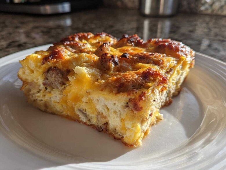 A close-up of a golden-brown slice of savory christmas breakfast casserole featuring eggs, sausage, and melted cheese.