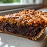 Close-up of a thick slice of German chocolate pie showing the dark chocolate filling and caramelized coconut pecan topping.