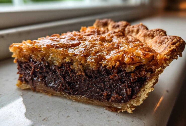 Close-up of a thick slice of German chocolate pie showing the dark chocolate filling and caramelized coconut pecan topping.