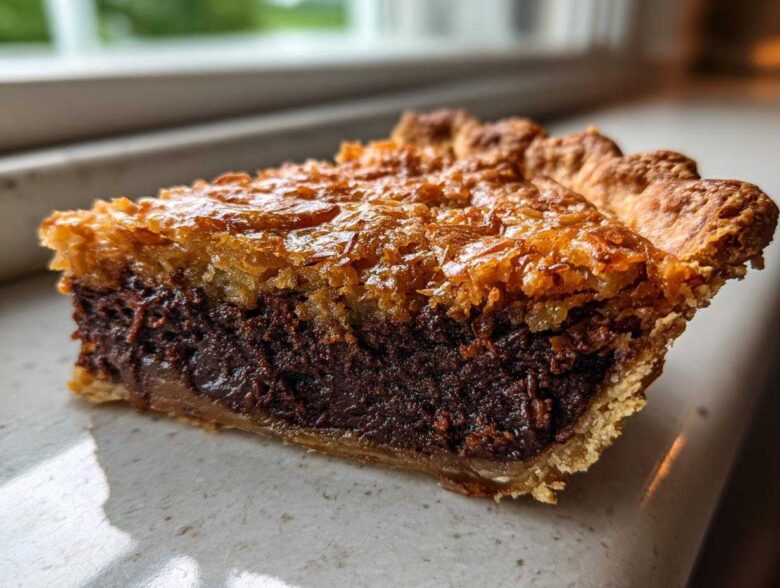 Close-up of a thick slice of German chocolate pie showing the dark chocolate filling and caramelized coconut pecan topping.