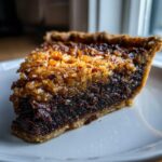 Close-up of a decadent slice of german chocolate pie showing the dark chocolate filling and toasted coconut pecan topping.