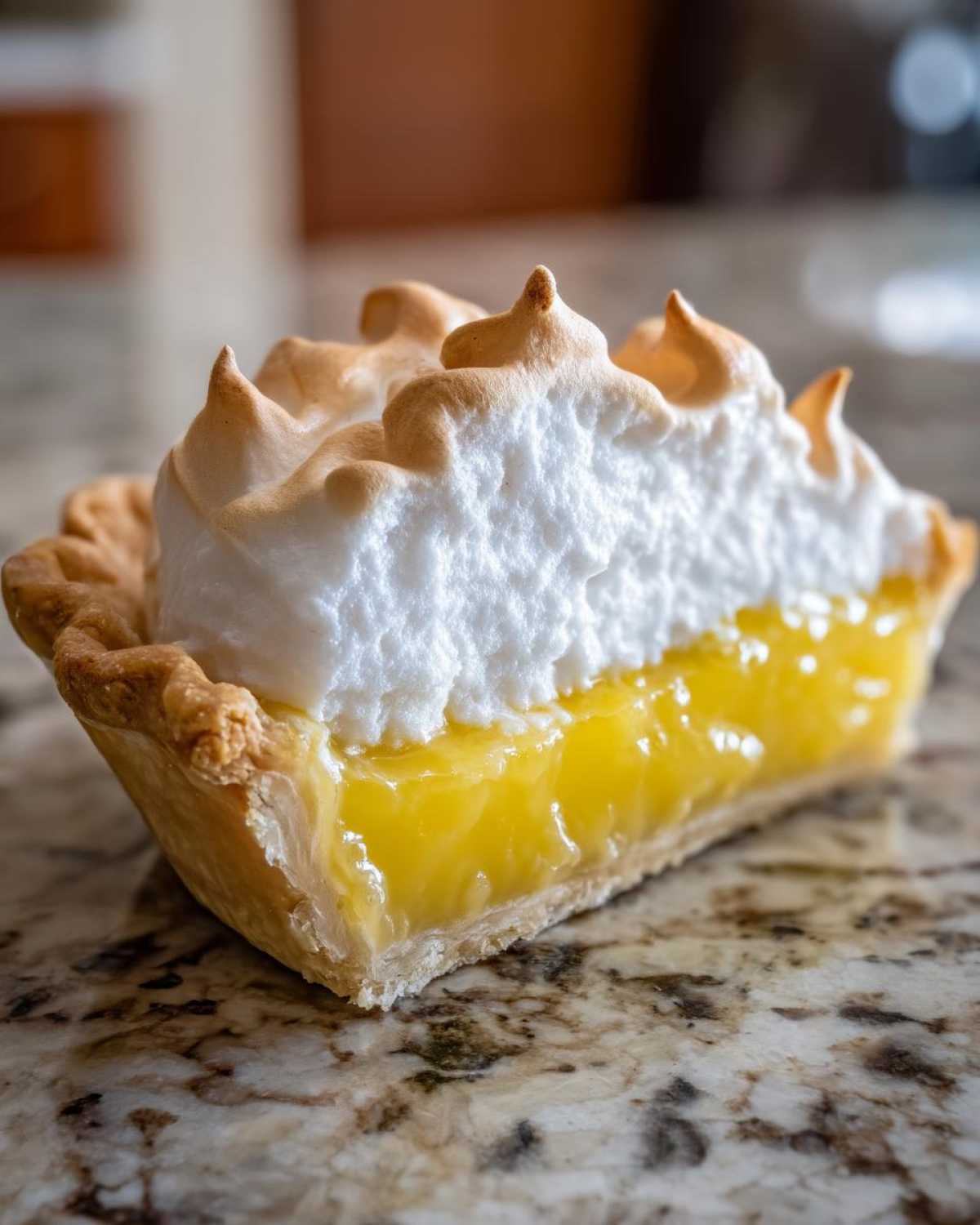 A close-up cross-section of a slice of lemon meringue pie showing bright yellow filling and toasted meringue peaks.