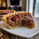 Close-up of a gooey slice of pecan pie on a white plate, showing the flaky crust and pecan topping.