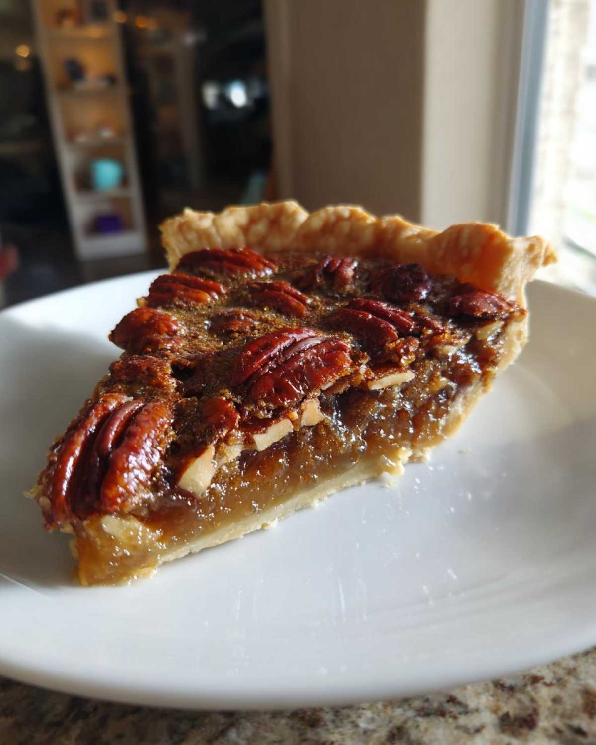 A close-up shot of a perfect slice of pecan pie showing the gooey filling and whole pecans on top.