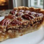 Close-up of a perfect slice of pecan pie showing the gooey filling and whole pecans on top.