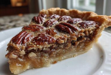 Close-up of a perfect slice of pecan pie showing the gooey filling and whole pecans on top.