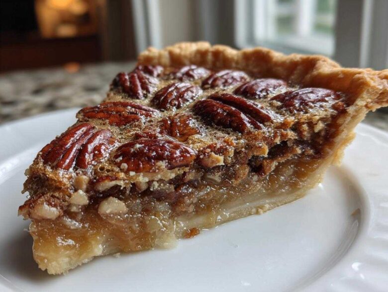 Close-up of a perfect slice of pecan pie showing the gooey filling and whole pecans on top.