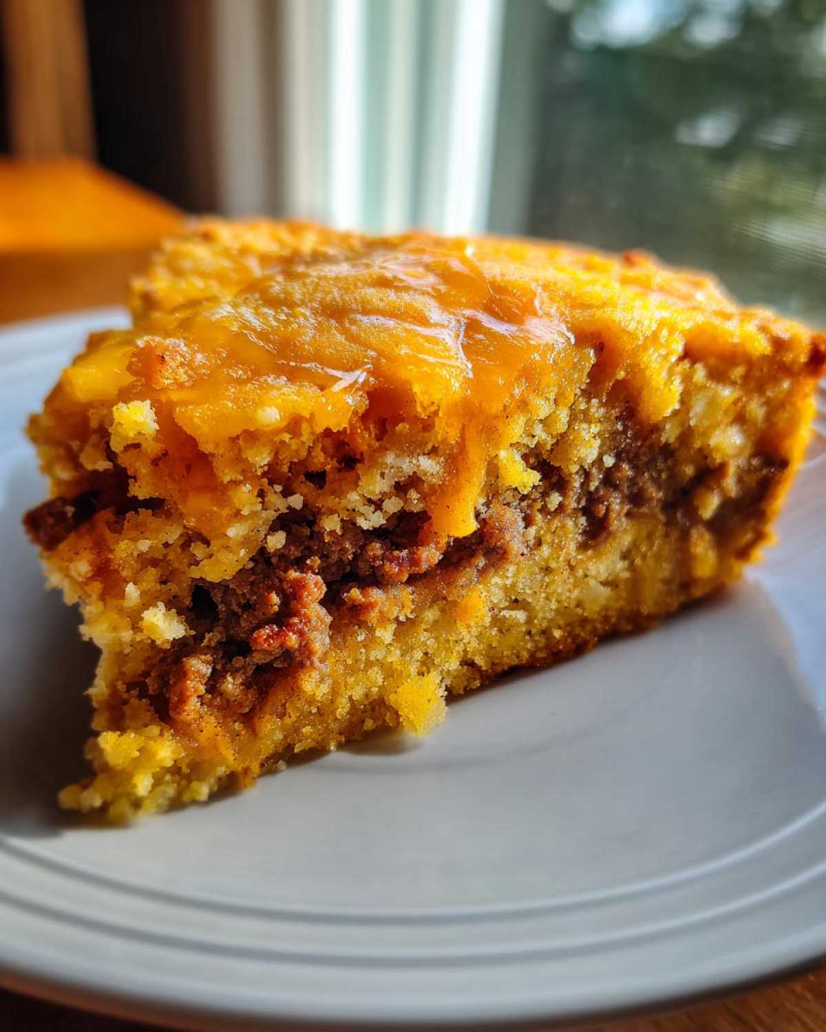 A close-up slice of savory tamale pie showing a cornbread crust, seasoned meat filling, and melted cheddar cheese topping.
