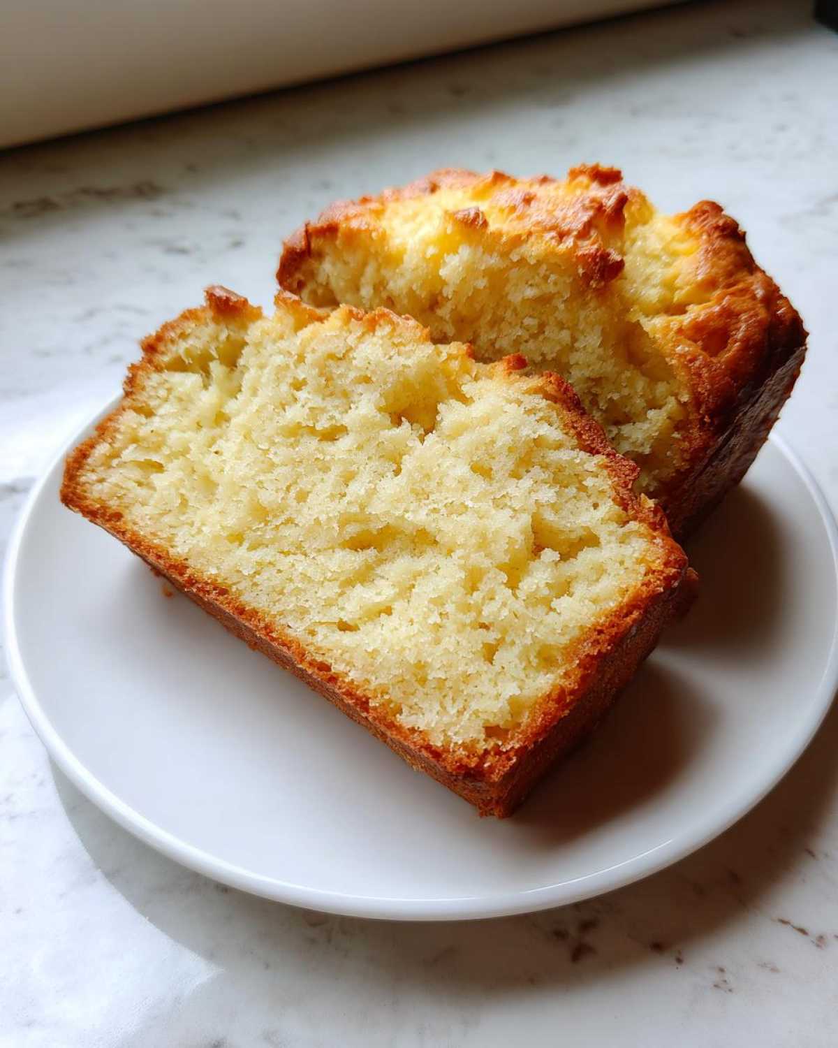 Two slices of golden brown, moist beer bread resting on a white plate, showing the crumb texture.
