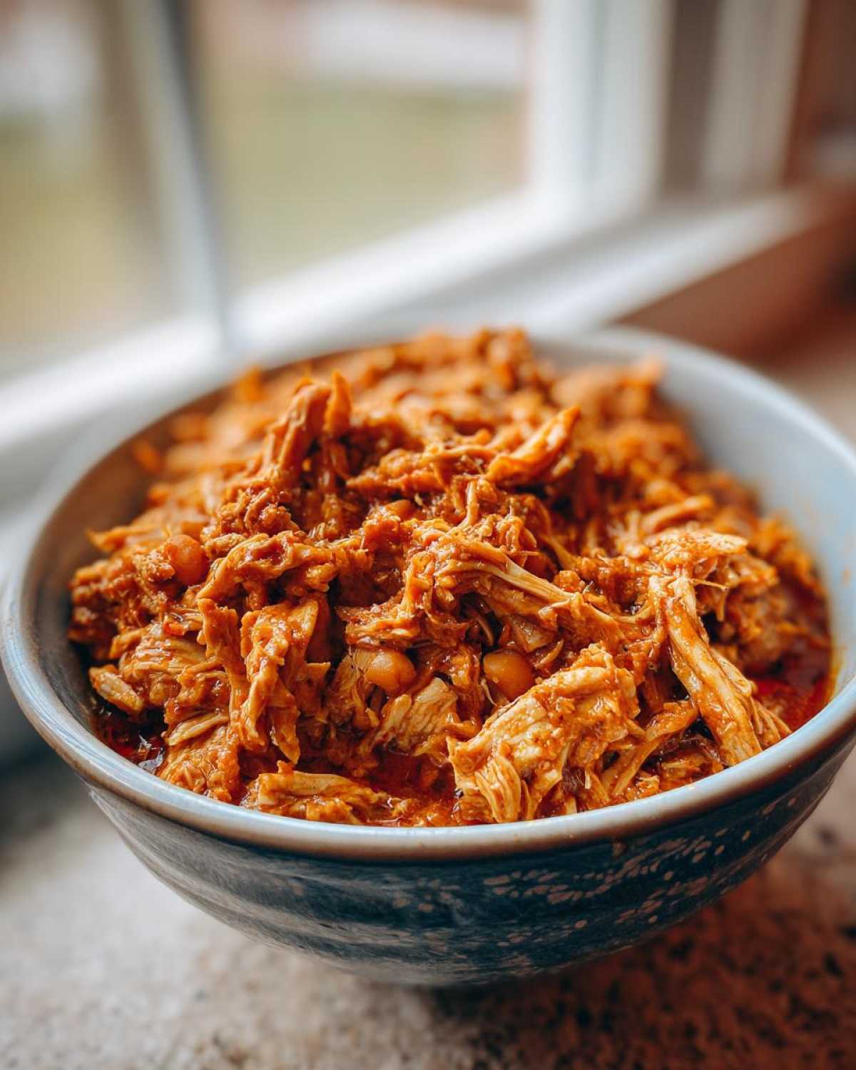 Close-up of a bowl filled with vibrant orange, shredded slow cooker buffalo chicken chili, showing texture and some beans.