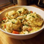 A white bowl filled with creamy slow cooker chicken and dumplings, topped with fresh parsley.