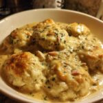 A close-up of a bowl filled with rich, creamy slow cooker chicken and dumplings topped with fresh parsley.