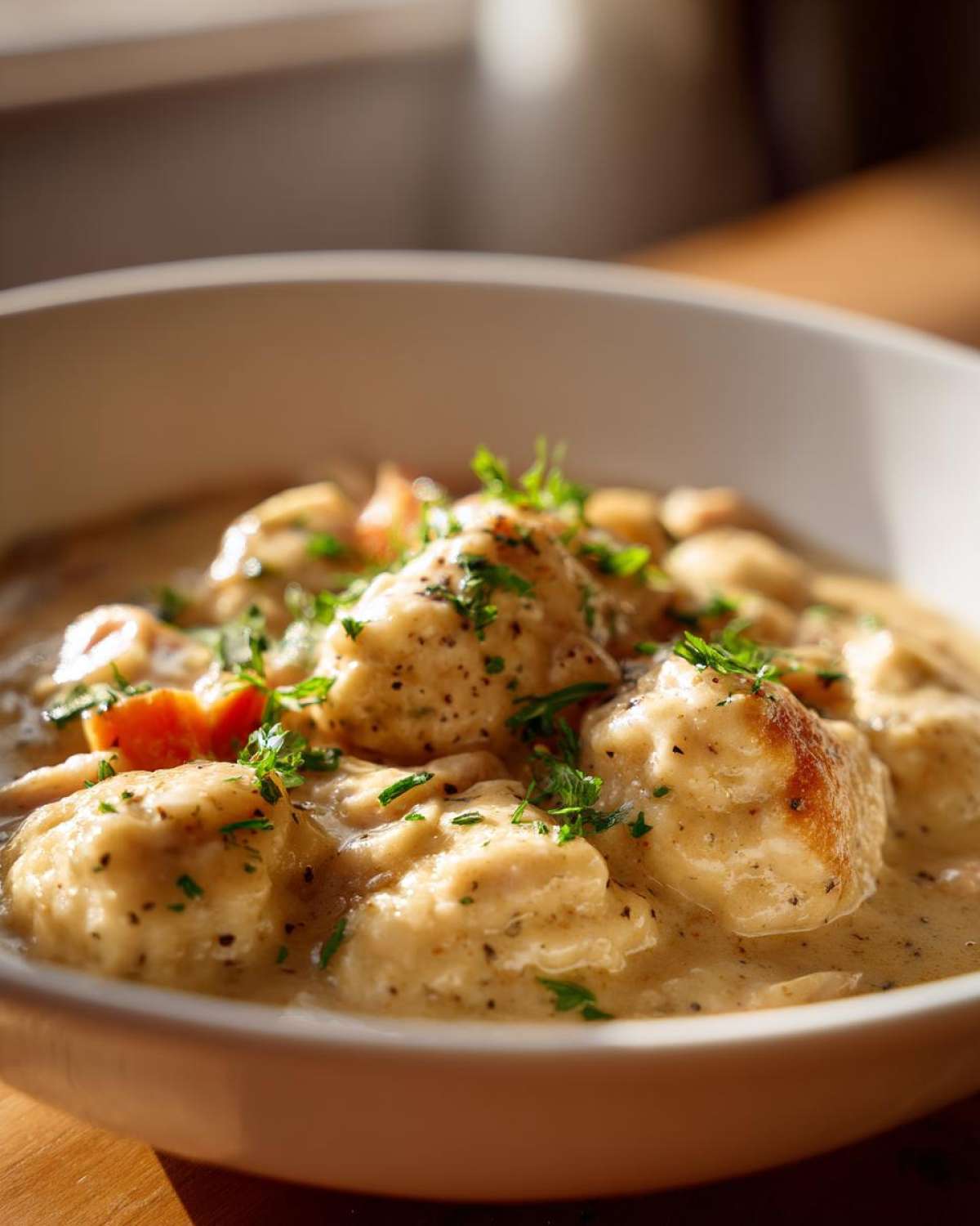Close-up of creamy slow cooker chicken and dumplings topped with fresh parsley and black pepper.