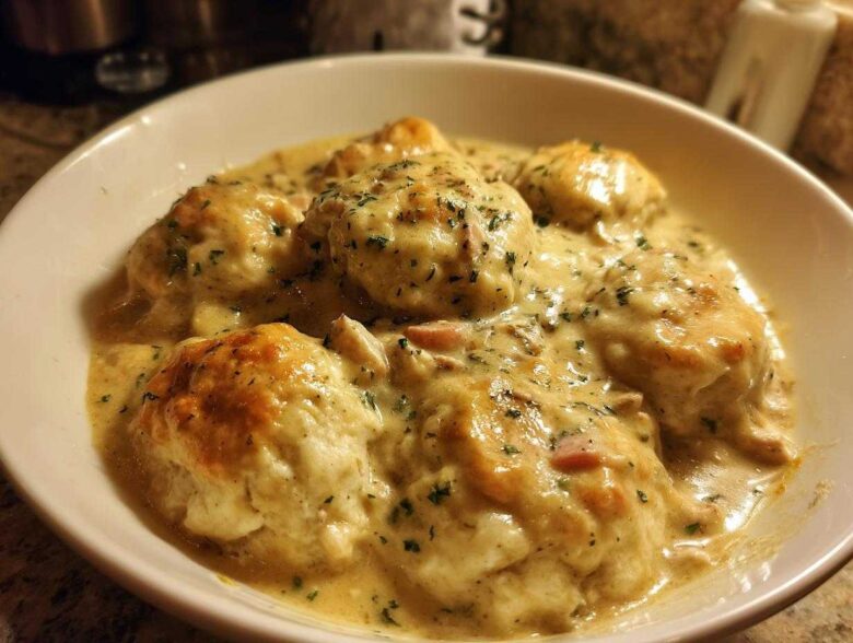 A close-up of a bowl filled with rich, creamy slow cooker chicken and dumplings topped with fresh parsley.