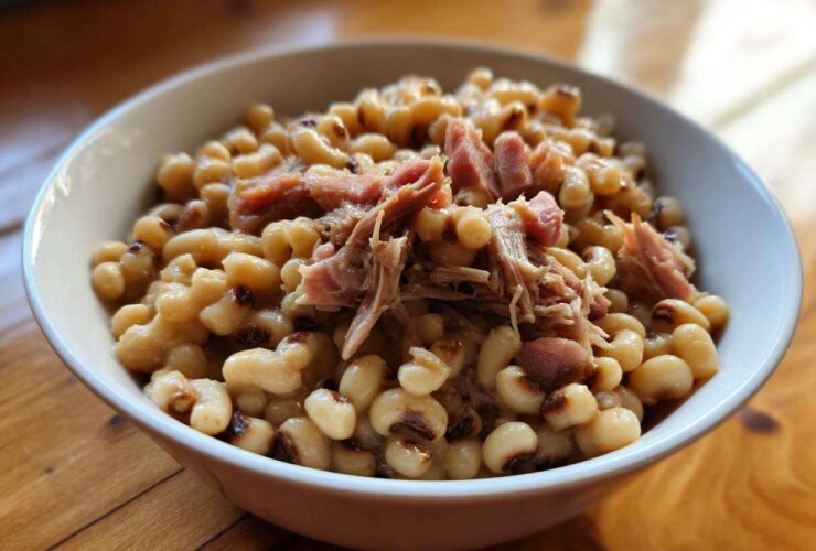 A close-up of a white bowl filled with creamy black eyed peas topped with shredded smoked ham.