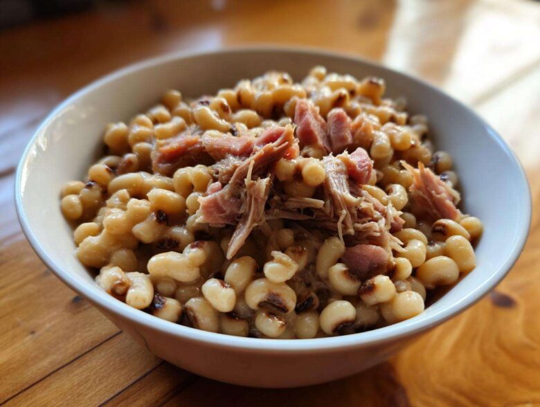 A close-up of a white bowl filled with creamy black eyed peas topped with shredded smoked ham.