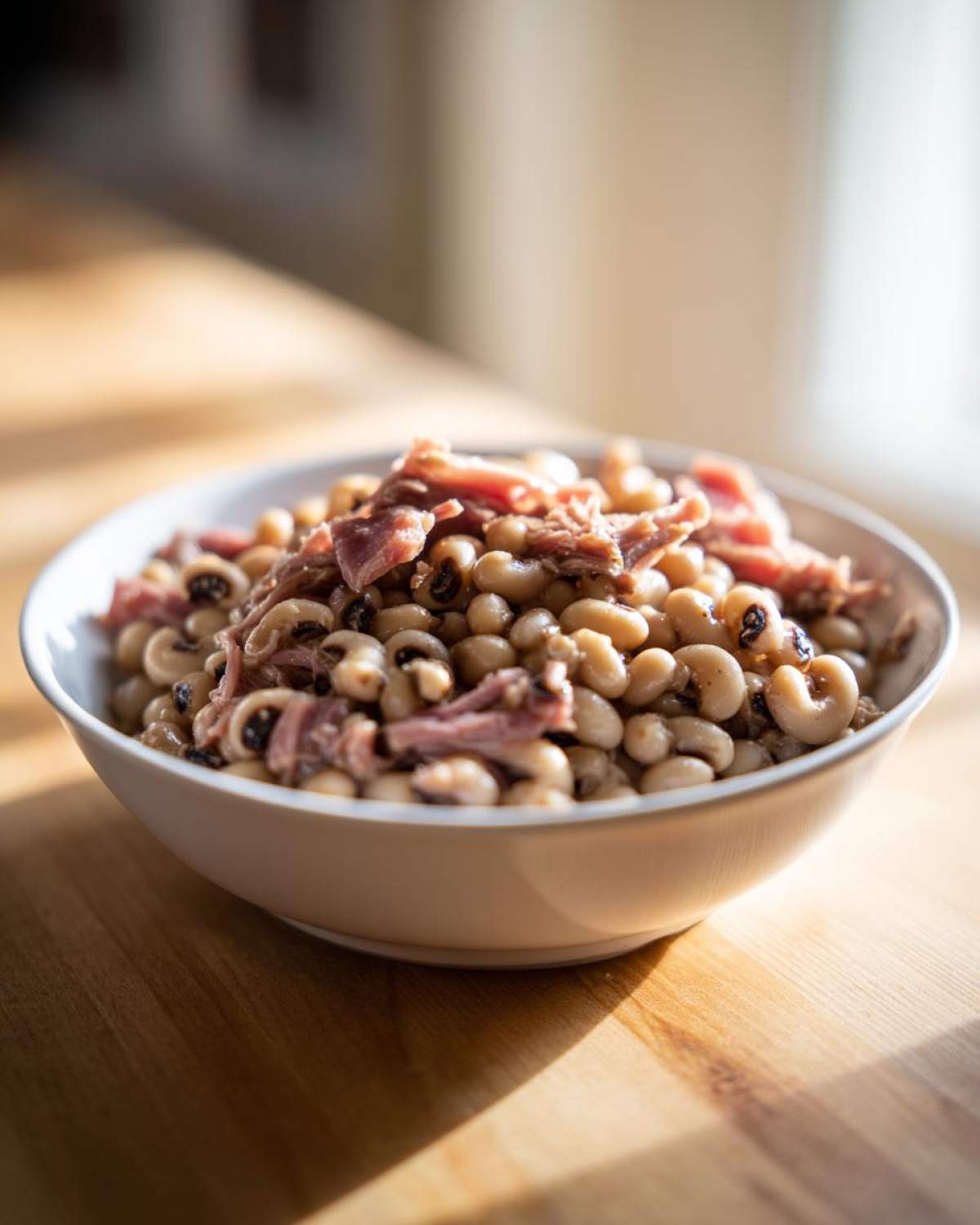 A white bowl filled with cooked black eyed peas topped with shredded smoked ham, sitting on a wooden surface.