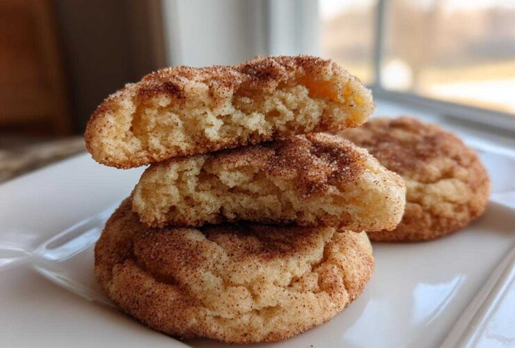 Close-up of a stacked snickerdoodle cookie, broken in half to show the soft, chewy interior and cinnamon sugar coating.
