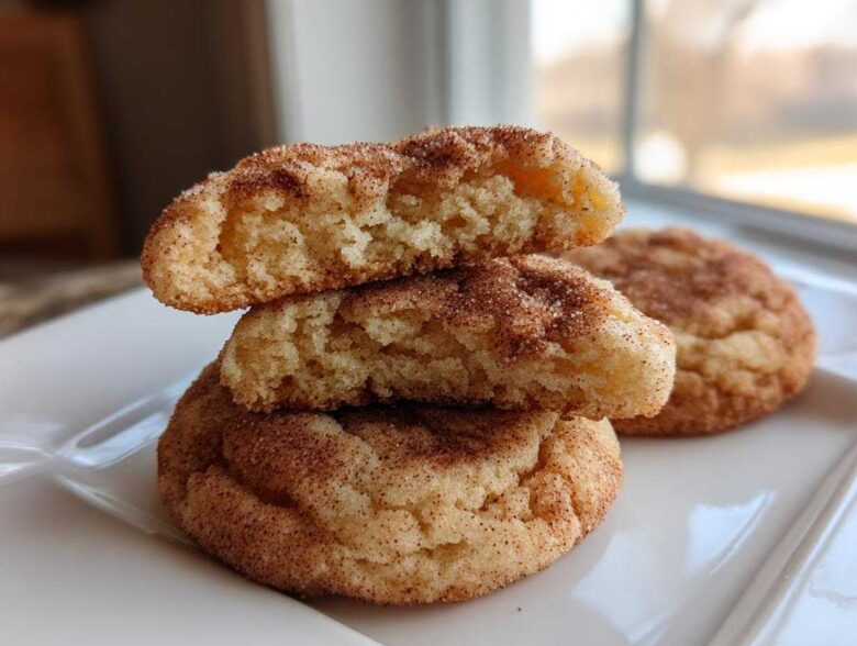 Close-up of a stacked snickerdoodle cookie, broken in half to show the soft, chewy interior and cinnamon sugar coating.