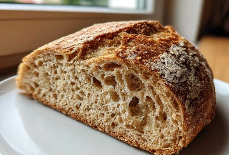 Close-up of the interior crumb structure of a freshly baked whole wheat bread loaf, showing open air pockets.