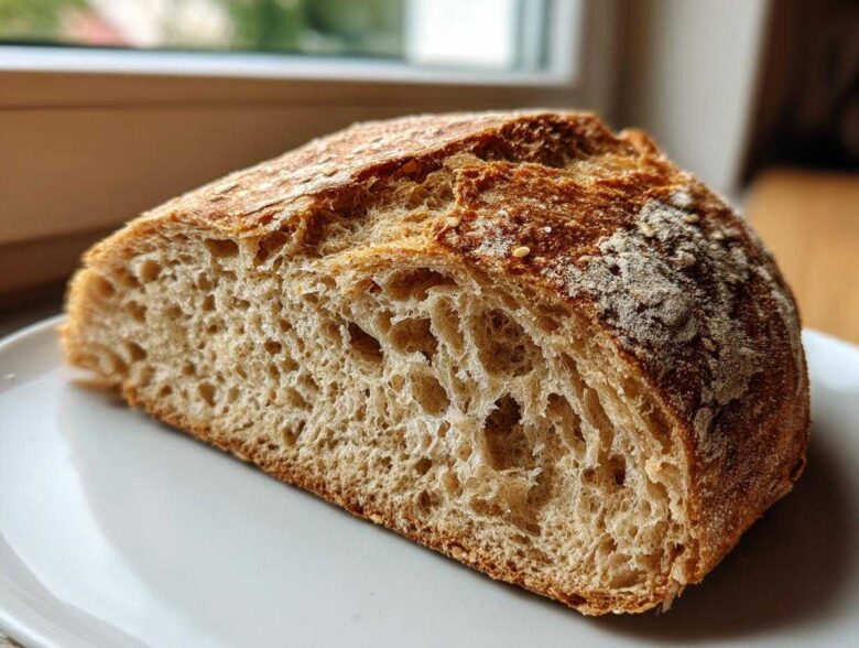 Close-up of the interior crumb structure of a freshly baked whole wheat bread loaf, showing open air pockets.