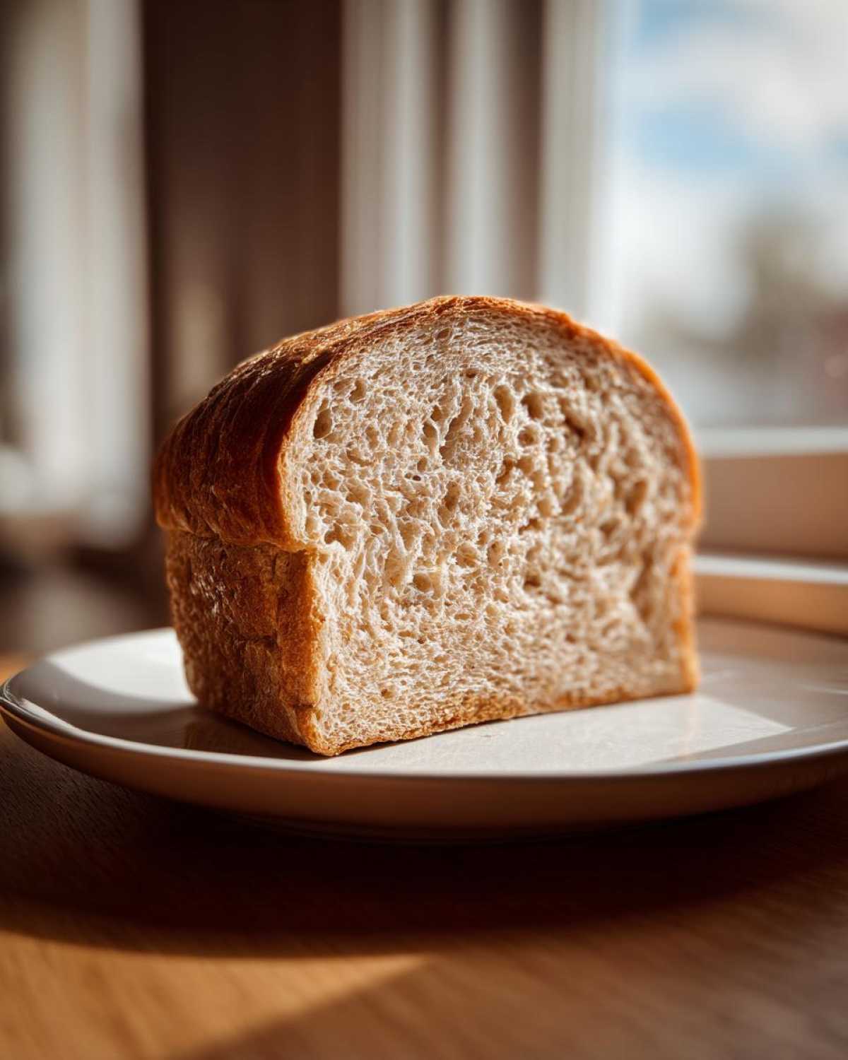 A thick slice of soft honey whole wheat bread resting on a white plate, showing its airy crumb structure.